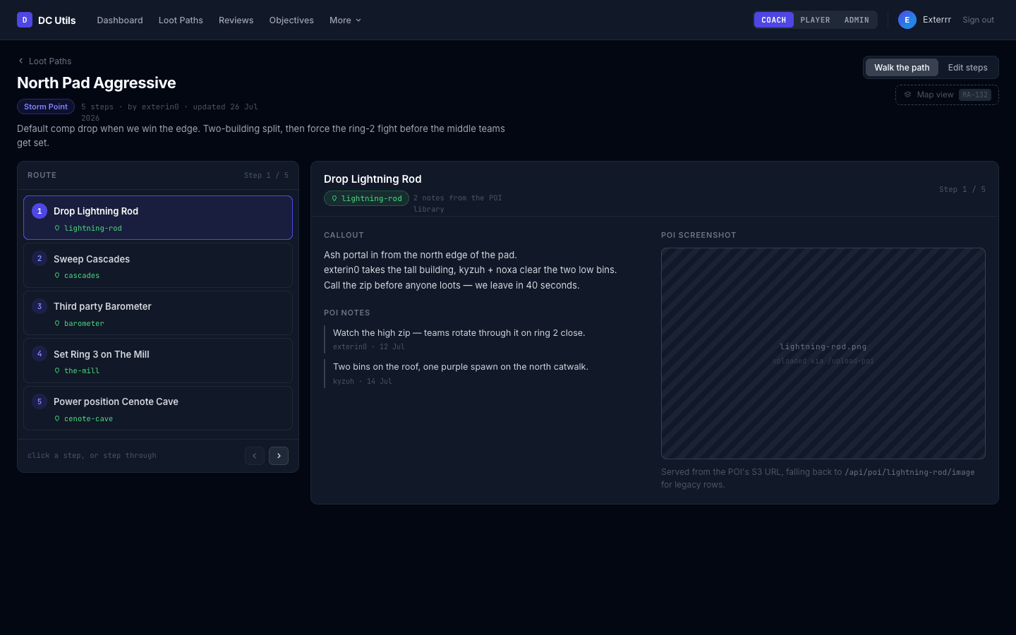 Callout in the browser: a loot path with its POI panel, the ban tracker and the habits grid