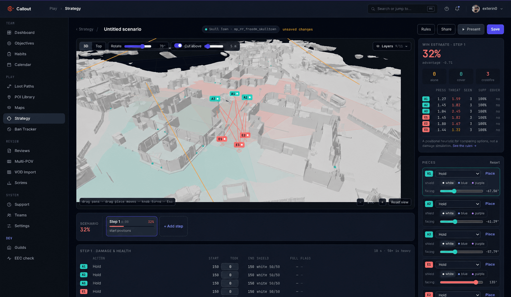 Strategy editor: two squads on a 3D model of Skull Town with a win estimate per step